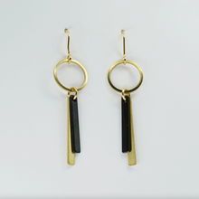 Load image into Gallery viewer, Copper Bee Black &amp; Brass Circle Double Bar Earrings
